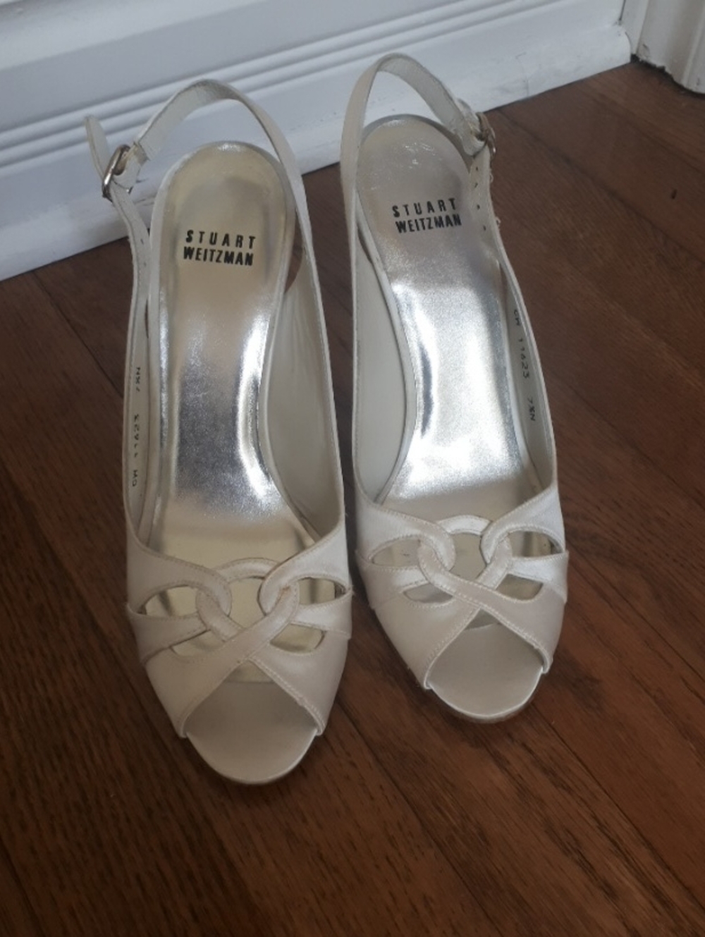 Stuart Weitzman Ivory Peep-Toe Slingback Heels with Knotted Detail